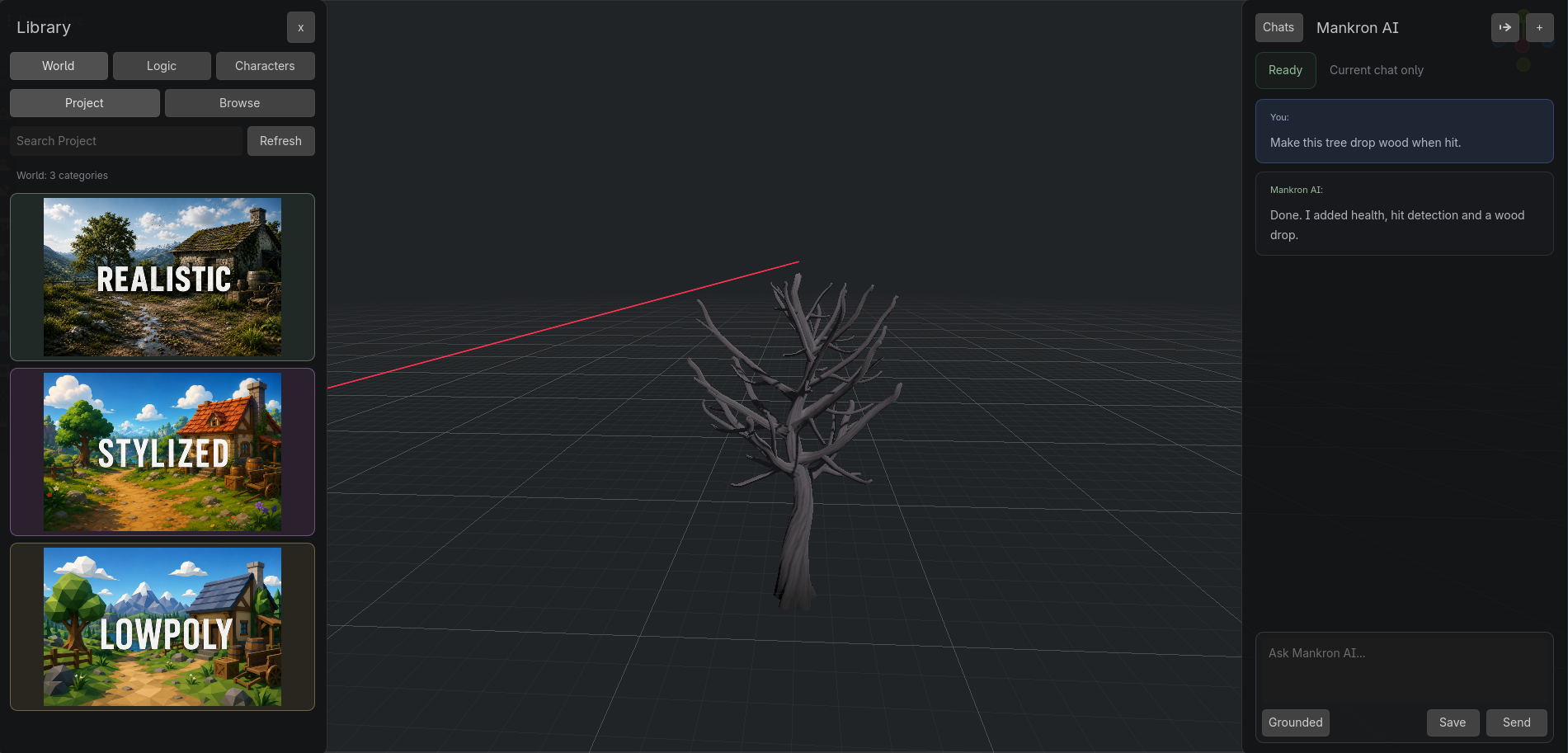 A luminous 3D game world being assembled inside a creator workspace.